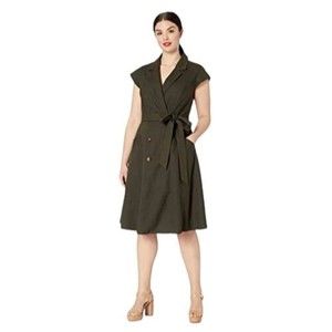 City Chic Womens Lafayette Midi Shirt Dress Size S 16 Linen Blend Belt Green EUC